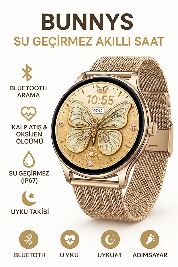 Huawei Mate 70 Uyumlu Şık Kadın Akıllı Saat – Su Geçirmez, Yuvarlak Çelik Kasa, Metal Kordon